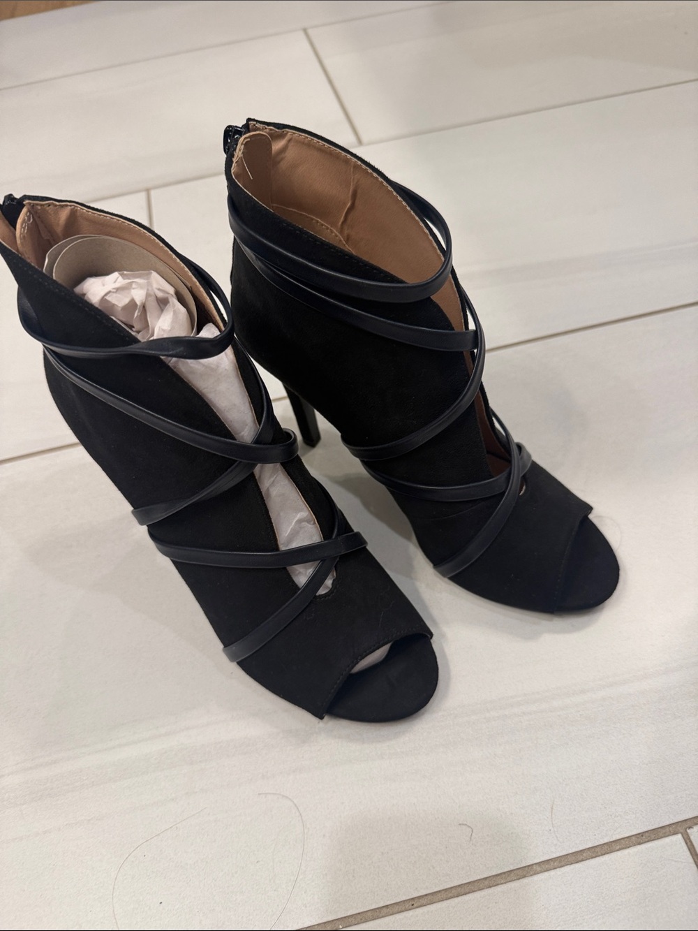Women’s Black Strappy Peep-Toe High Heel Booties